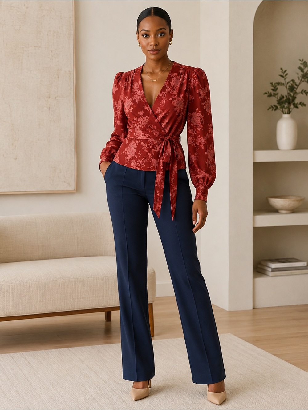 Antonio Melani Candace XS Deep Crimson Floral Wrap Blouse Cottagecore